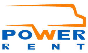 Лого на Power Rent с контур на ван в оранжев цвят и надпис "POWER RENT" в синьо и оранжево.